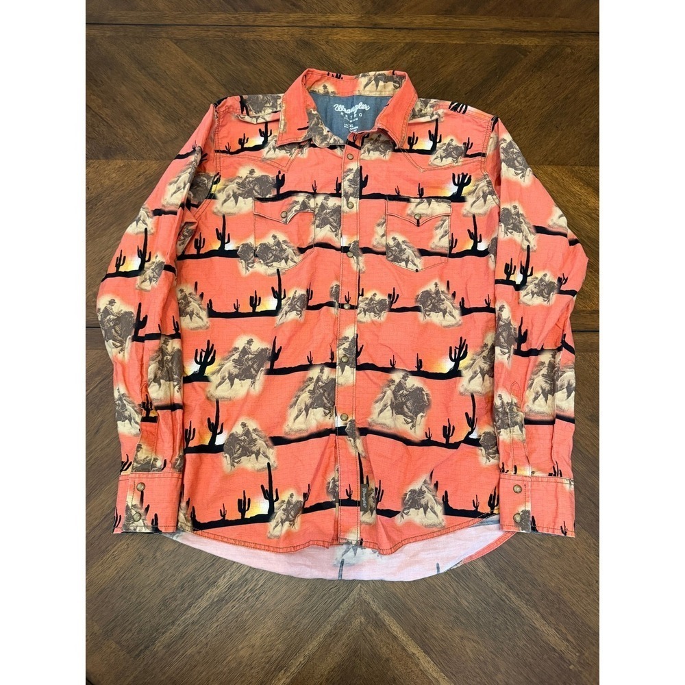 Wrangler Retro Premium Mens XXL Desert Cowboy Cactus Print Western Snap Shirt